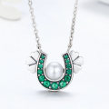 Authentic 925 Sterling Silver Horseshoe Green CZ Clover Flower Pendant Necklace Women Sterling Silver Jewelry